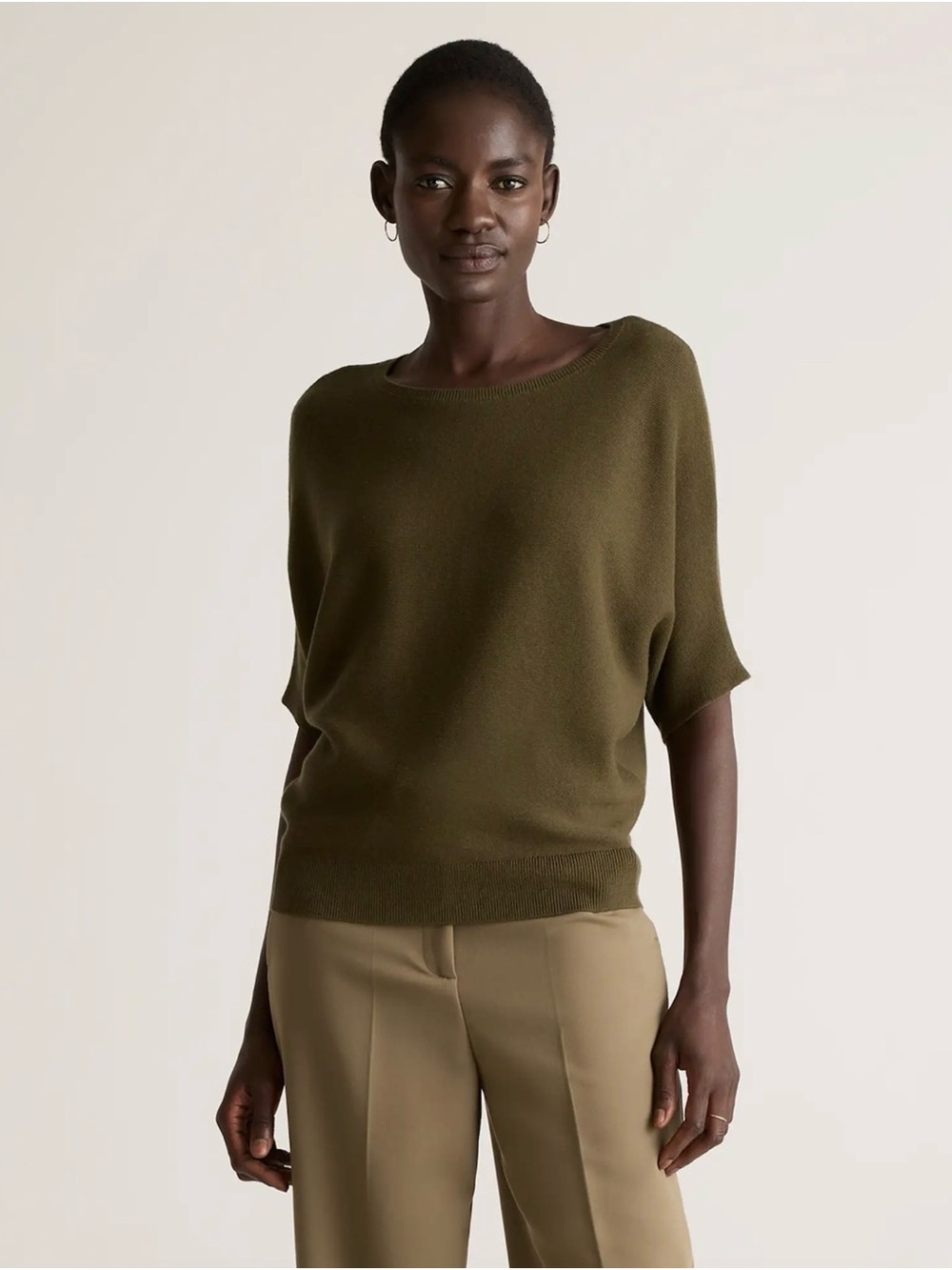 Quince Olive Short-Sleeve Crewneck Sweater